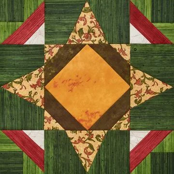 Bright orange-green geometric patchwork block from pieces of fabrics Stock-Fotos