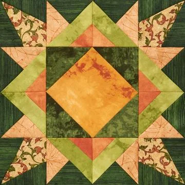 Bright orange-green geometric patchwork block from pieces of fabrics 스톡 사진