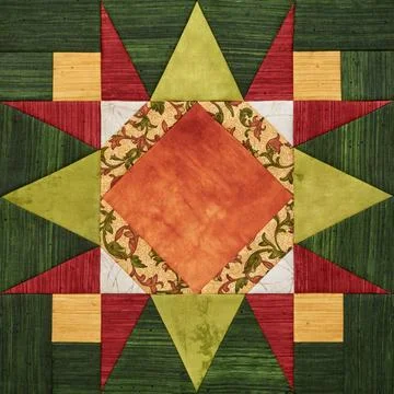 Bright orange-green geometric patchwork block from pieces of fabrics Stock Photos