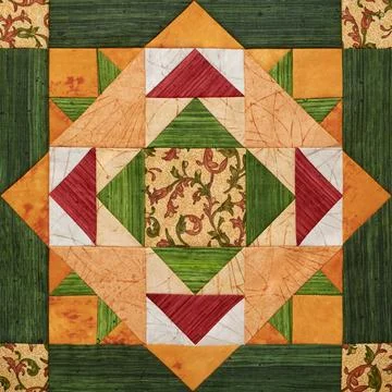 Bright orange-green geometric patchwork block from pieces of fabrics Fotos de archivo