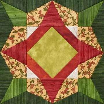 Bright orange-green geometric patchwork block from pieces of fabrics Stock Photos