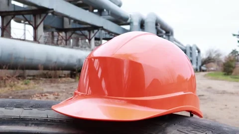 Bright orange hard hat rests on tire near industrial piping in autumn Video stock 295347020