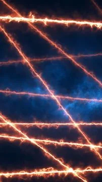 Bright orange lightning lines crossing a blue cloudy background, creating a.. Illustrazione stock