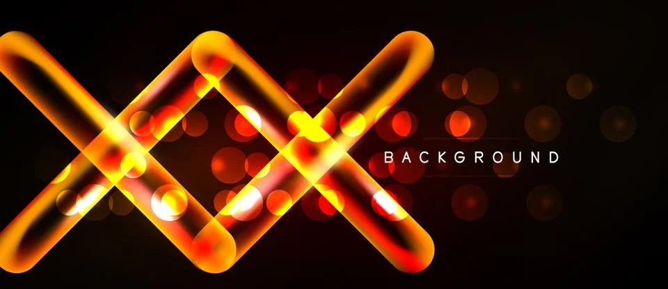 Bright orange neon lines intersect over dark backdrop. Bokeh effects add dept Ilustração Stock
