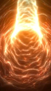 Bright orange plasma column surrounded by glowing wave lines, forming a pow.. Illustrazione stock