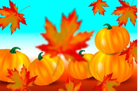 Bright orange pumpkins and falling red maple leaves on a blue autumn backgrou 스톡 일러스트