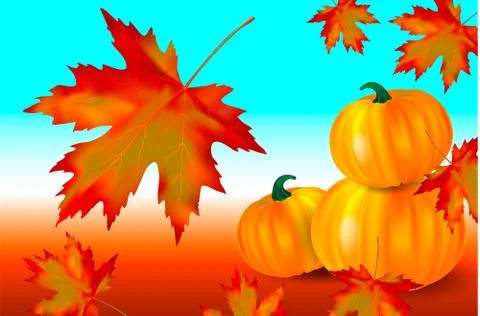 Bright orange pumpkins and falling red maple leaves on a blue autumn backgrou イラスト素材