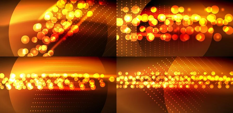 Bright orange, red lights create abstract backgrounds. Dots form lines, Stock Illustration