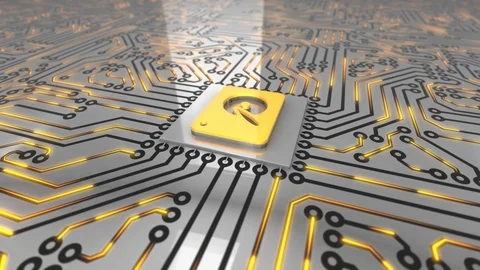 Bright orange rotating computer circuit board concept hard drive loop 4K Video stock 85834336