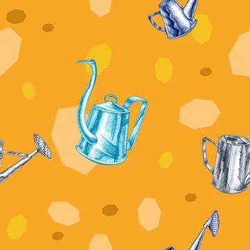 Bright orange seamless pattern with watering cans Stock Illustration