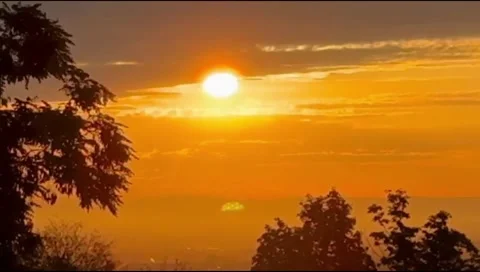 Bright Orange Sun Setting Over Trees and City Horizon at Evening Stock Footage 345359965