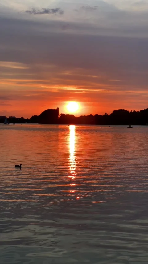 Bright orange sunset reflecting on a peaceful town lake Stock Footage 246490295