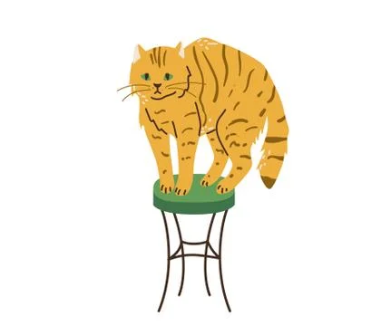 Bright orange tabby cat with green eyes standing on chair. Cats like to climb Stock Illustration