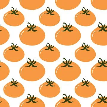 Bright Orange Tomato Seamless Pattern with Green Stems Stock Illustration