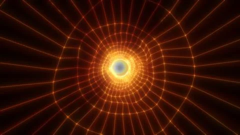Bright orange tunnel of geometric light lines forming a glowing circular patt Illustrazione stock