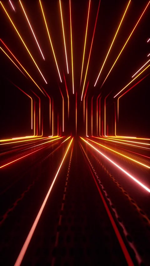 Bright orange warm neon lines lights fill a dark stage in a seamless loop Stock Footage 344882992