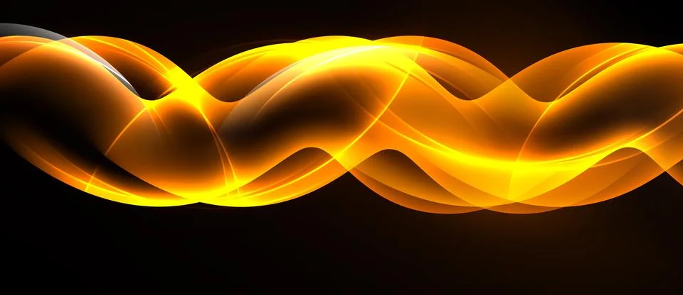 Bright orange waves flow across black background. Smooth curves create dynami Stock Illustration