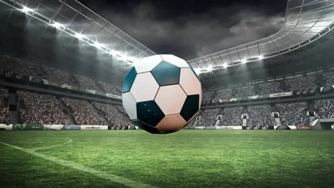 Bright orb dropping from top-right, brightening, collapsing into 3D soccer ball, Stock Footage 339448656