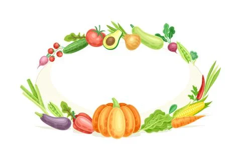Bright Oval Vegetable Frame with Ripe and Fresh Garden Cultivar Closeup Vector Stock Illustration