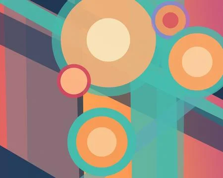 Bright overlapping circles and translucent blocks form a playful abstract c.. Stock Illustration