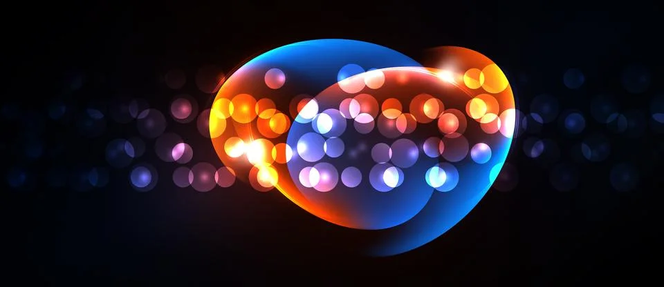 Bright overlapping circles, glowing particles, dark background. Abstract desi Illustrazione stock