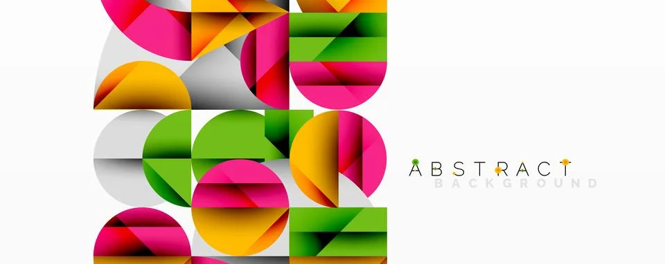 Bright overlapping circles, squares create modern geometric pattern. Vivid 스톡 일러스트