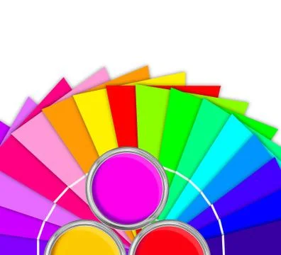 Bright palette of colors and open tin can with yellow paint isolated on white Stock Photos