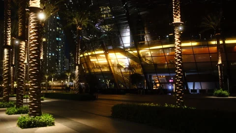 Bright palm trees shine at night in front of an impressive building Video stock 307932193