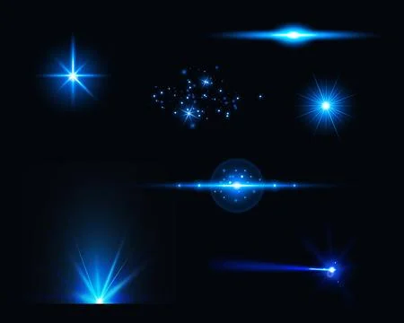 Bright particles, burning blue lights, stars, lasers. Vector. Stock Illustration