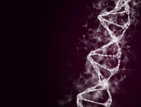 A bright particulate 3D rendered DNA on a dark bokeh background Illustrazione stock