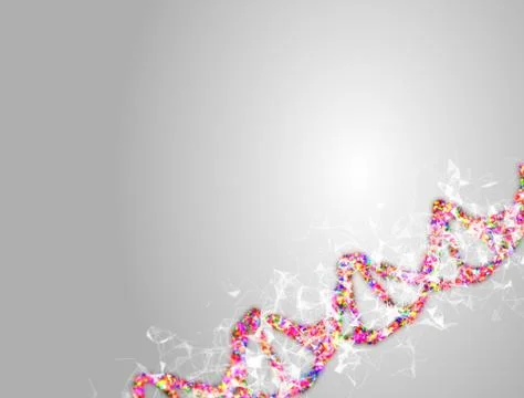 A bright particulate 3D rendered DNA on a light bokeh background. Stockillustratie