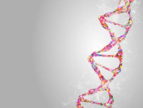 A bright particulate 3D rendered DNA on a light bokeh background. Stockillustratie