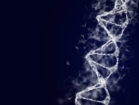 A bright particulate 3D rendered DNA on a dark bokeh background Stock Illustration