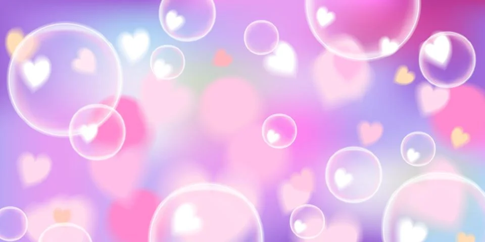 A bright pastel rainbow gradient background with glowing heart bubbles in a Stock Illustration