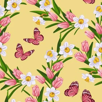A bright pattern of butterflies and flowers Stock Illustration