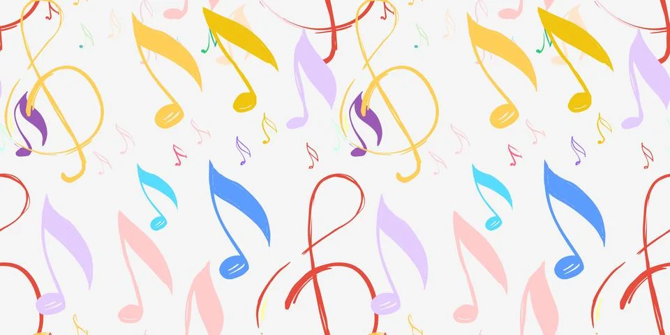 Bright pattern with colorful notes and clefs on white background. Festive 스톡 일러스트