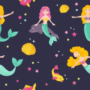 Bright pattern with cute mermaids and fishes Illustrazione stock