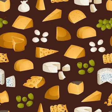 Bright pattern of different types of cheeses and fruits. Appetizers, snacks f Stock Illustration
