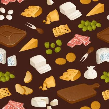 Bright pattern of different types of cheeses and fruits. Appetizers, snacks.. Stock Illustration
