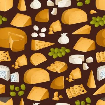 Bright pattern of different types of cheeses and fruits. Appetizers, snacks.. Stock Illustration