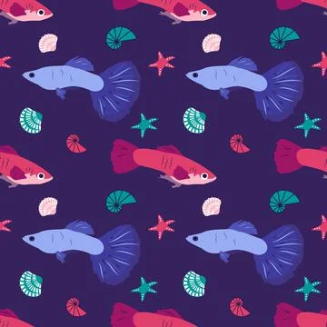 Bright pattern with fantastic fish, starfish and shells Stock Illustration