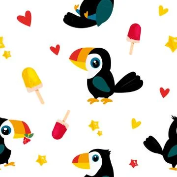 Bright pattern with funny cartoon toucans Stock Illustration