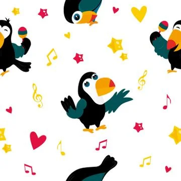 Bright pattern with funny cartoon toucans Stock Illustration