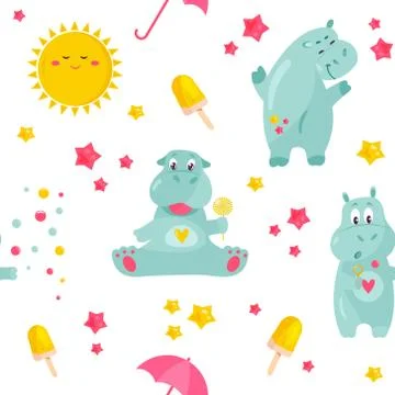 Bright pattern with funny hippos and smiling sun. Stock Illustration