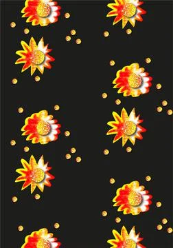 A bright pattern of hand-drawn flowers on a black background. 库存插图