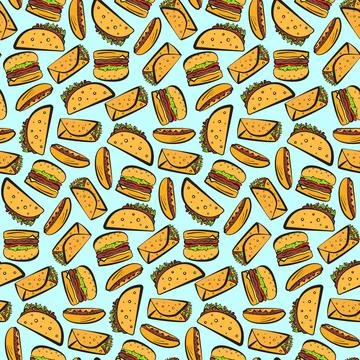 Bright pattern with mess of fast food symbols Stock Illustration