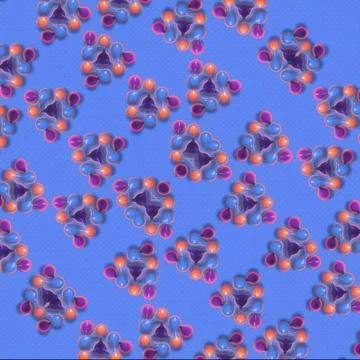 A bright pattern of multicolored 3D molecules on a blue polka-dot background Stock Illustration