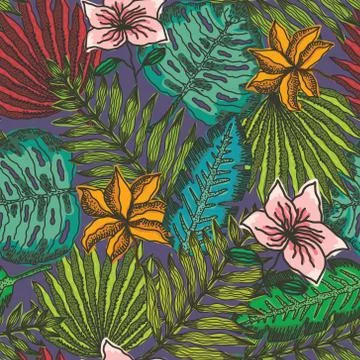 Bright pattern with outline tropical leaves Stock Illustration