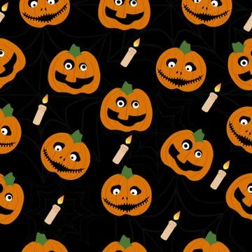Bright pattern of pumpkin candles on a black background Halloween holiday	 Stock Illustration