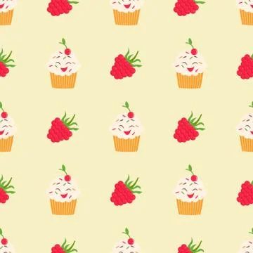 Bright pattern with raspberry and funny smiling cupcake Stock Illustration